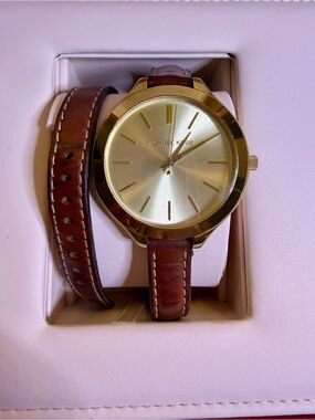 Michael Kors Gold Dial Brown Double-Wrap Leather Watch